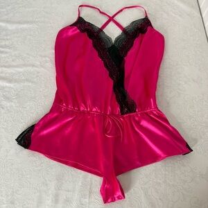 Victoria’s Secret Hot Link Satin Lingerie Romper With Black Lace Size Medium
